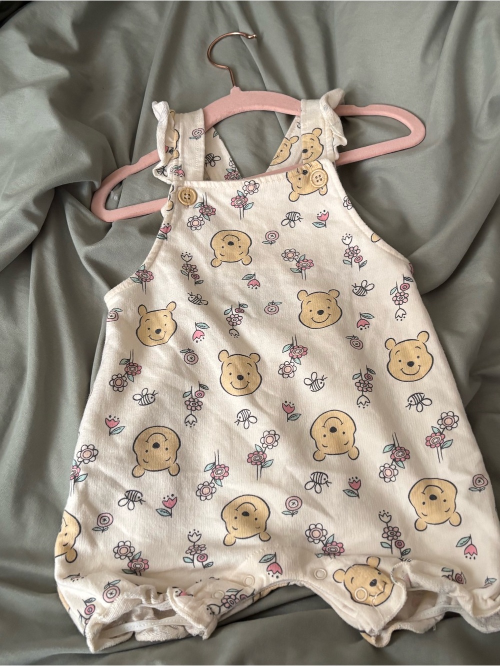 Disney White Overalls with Yellow Pooh and Pink Floral Print